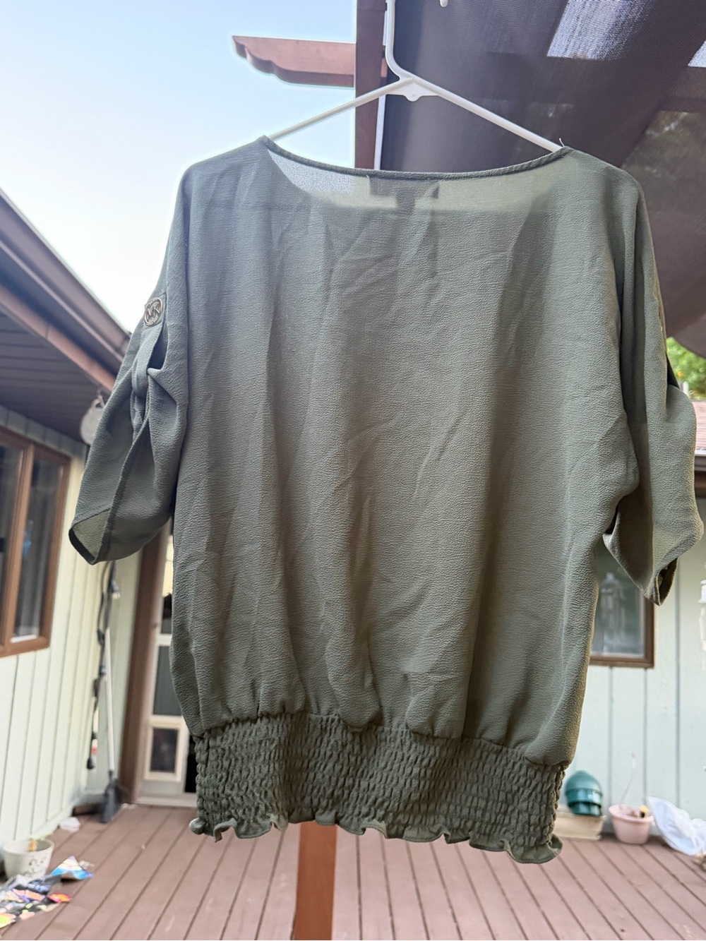 Michael Kors Olive Green Smocked-Hem Blouse